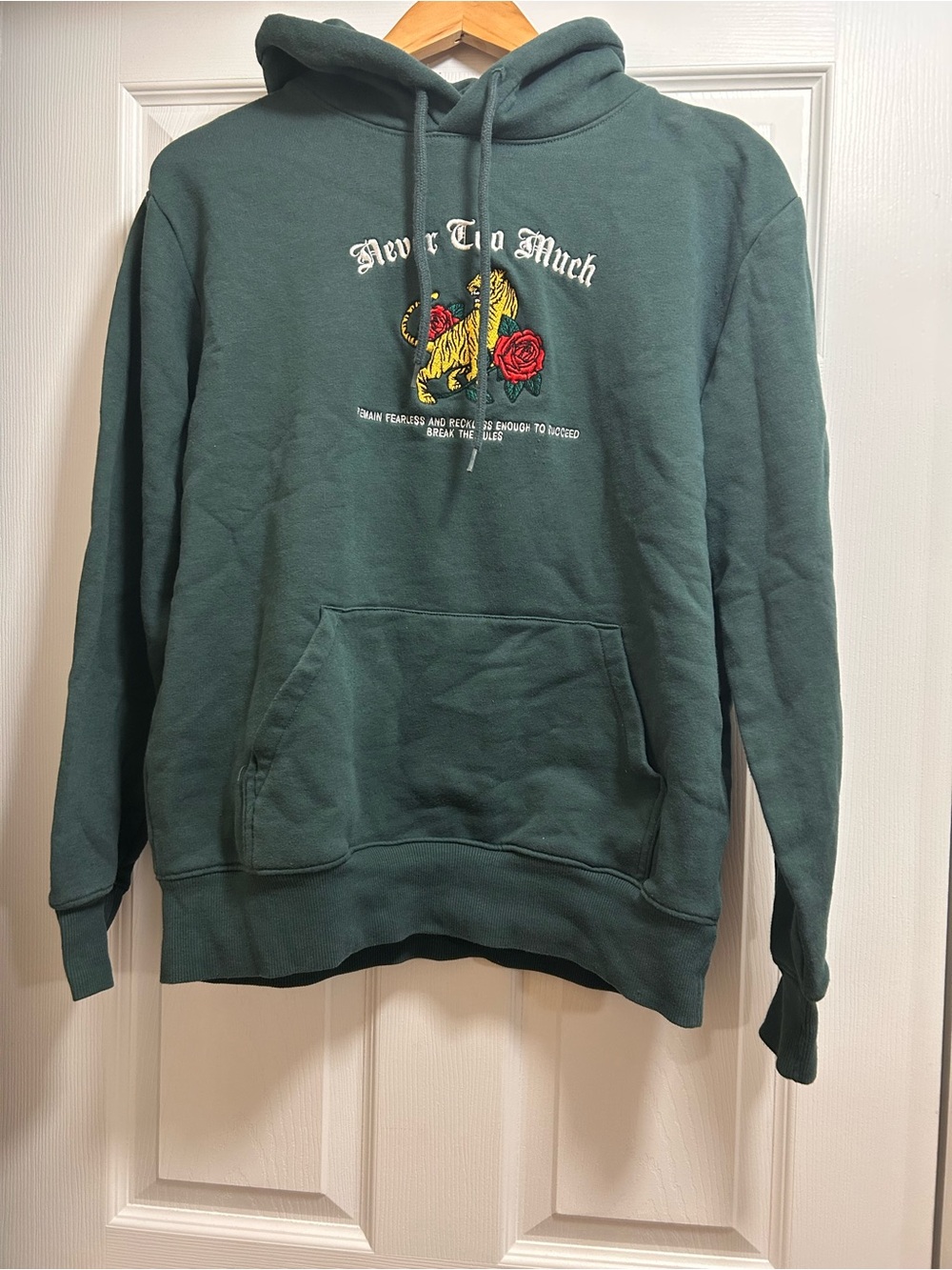 H&M Dark Green Pullover Hoodie with Tiger & Rose Graphic